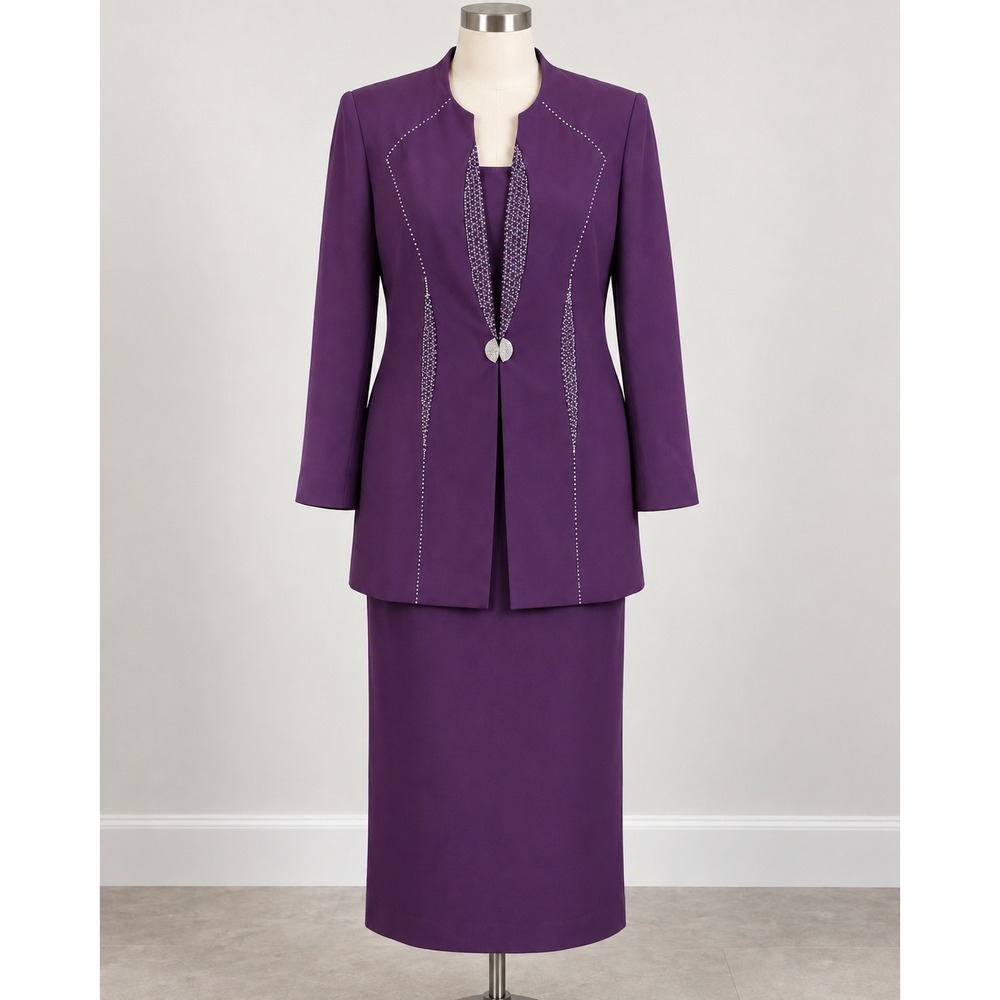 Fifth Sunday Exclusive Purple Beaded Skirt Suit Set Size 8 Blazer Midi Skirt